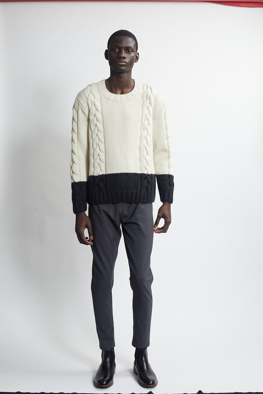 handknit cable sweater - ivory/carbon