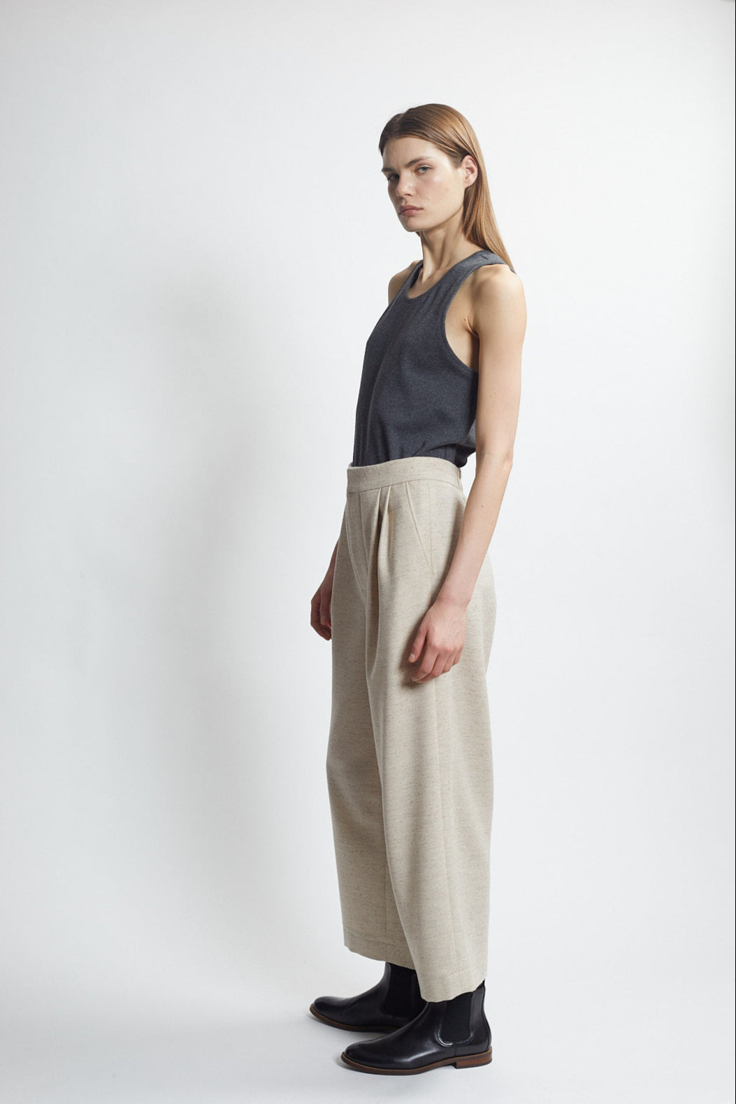 crop double pleat trouser  - natural