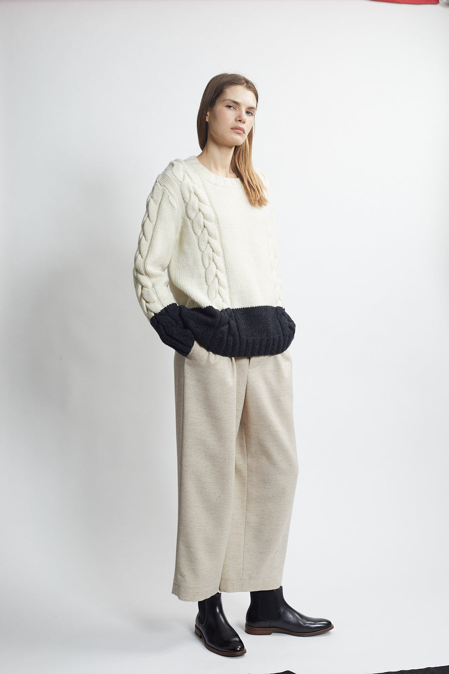 handknit cable sweater - ivory/carbon