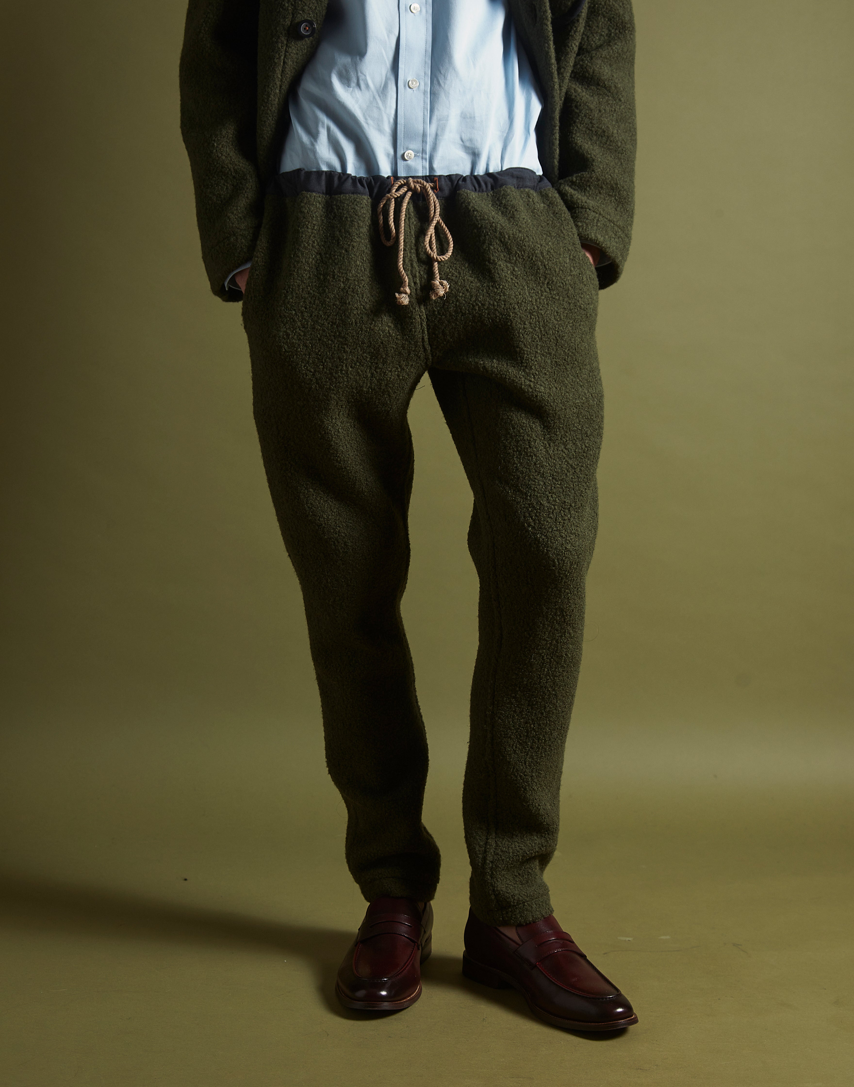 drawstring trouser - olive boiled wool