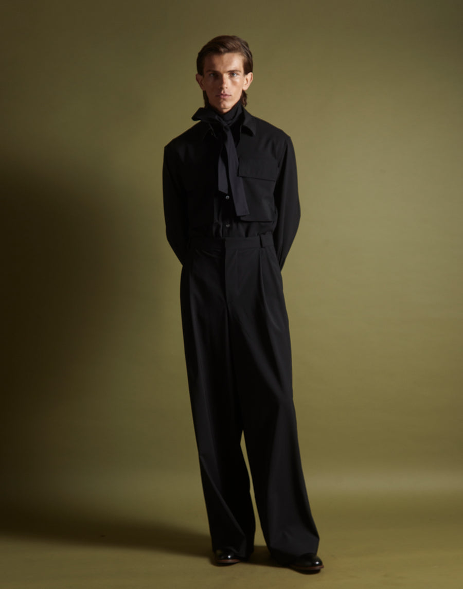 double pleat trouser - onyx wool poplin