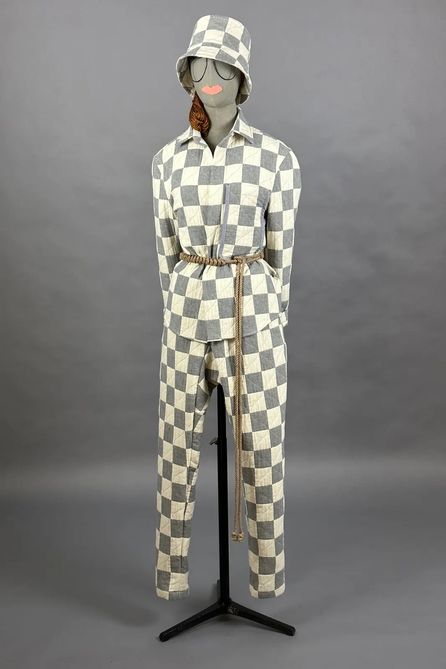 classic drawstring trouser quilted check: fog/salt