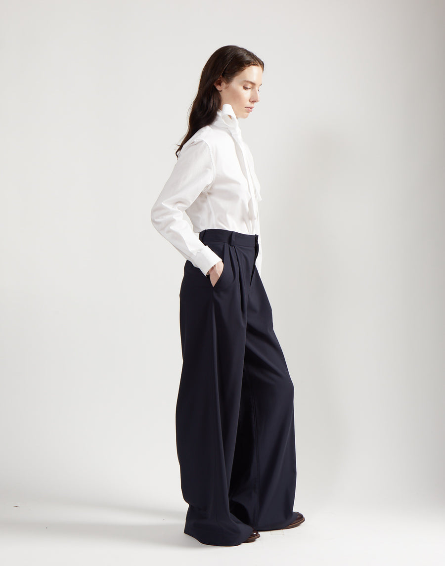 double pleat trouser - marine wool poplin
