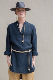 water-washed indigo linen caftan