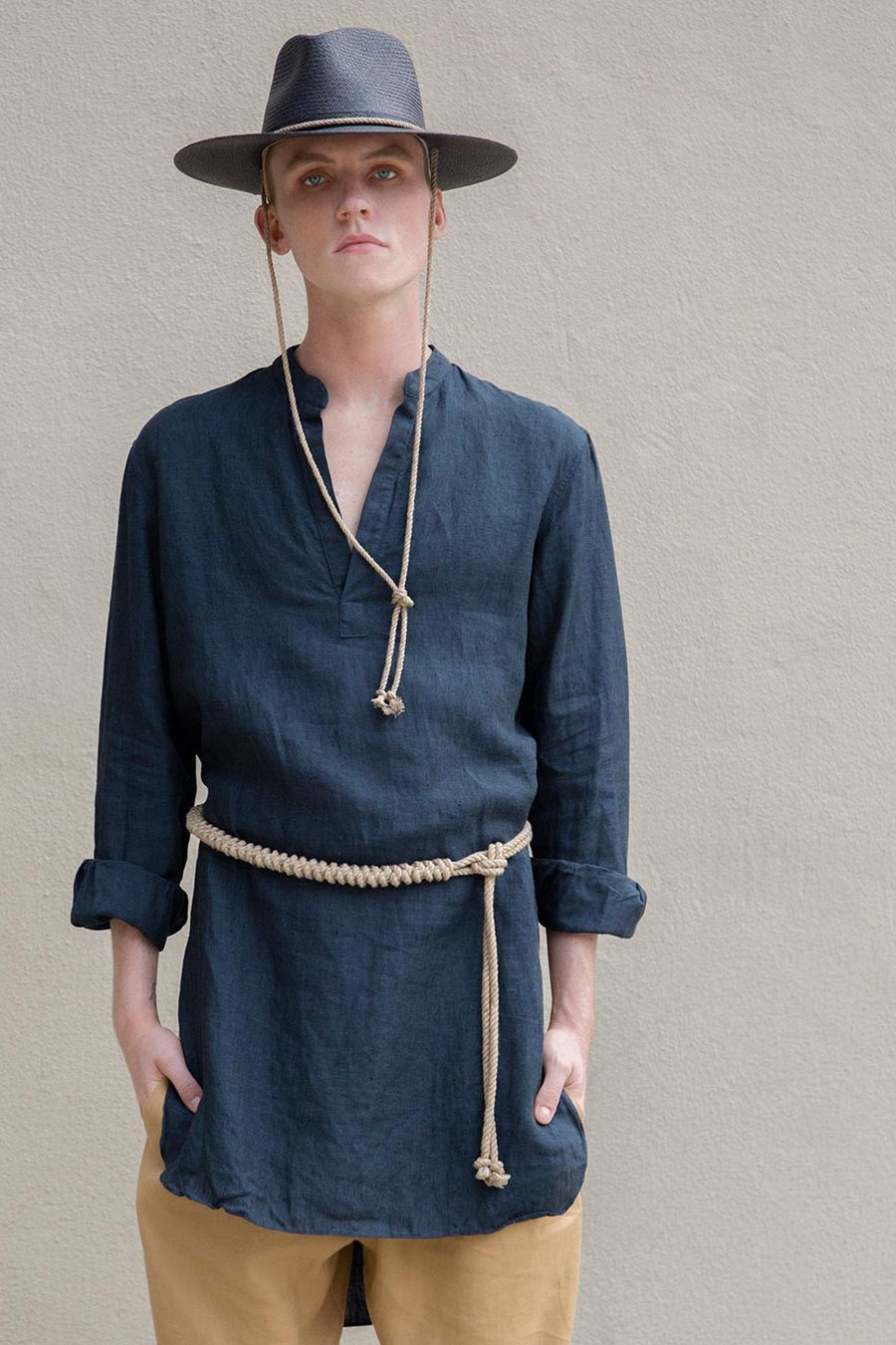 water-washed indigo linen caftan