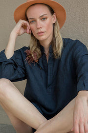 water-washed indigo linen caftan