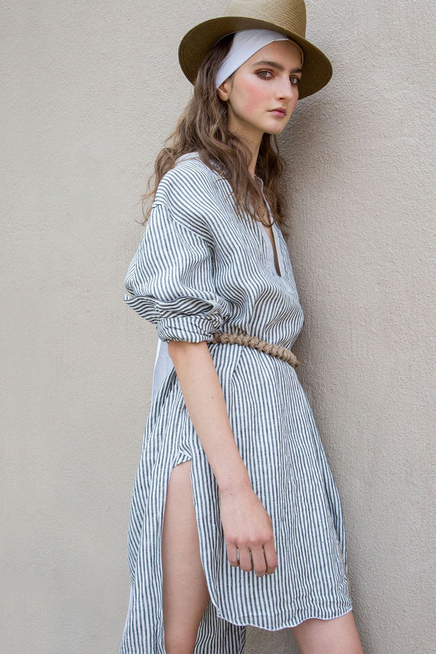 water-washed ticking stripe linen caftan